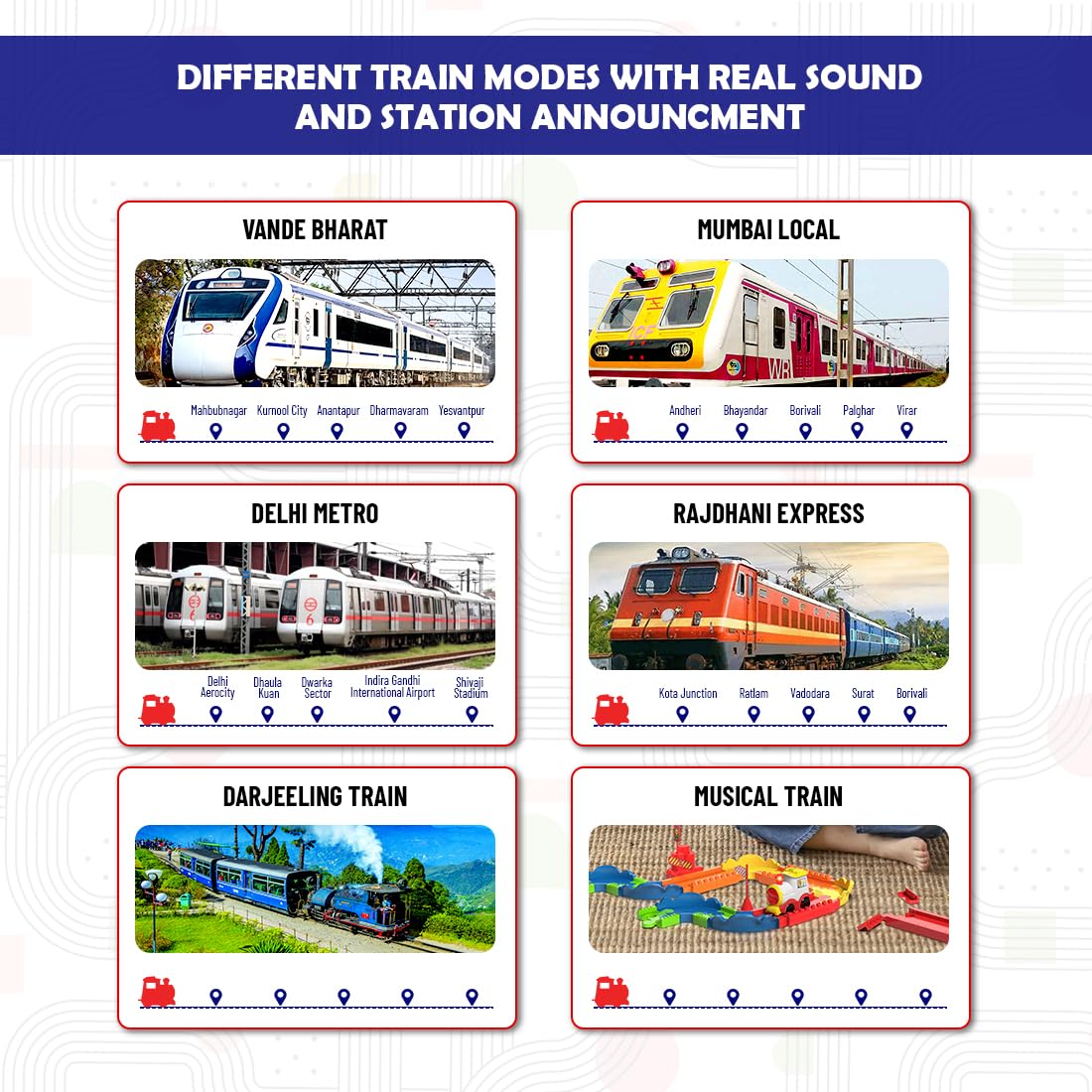 Mirana Block Rider Toy Train Set | 82-Piece with Multiple Journey Modes, Sounds & Announcements | 10+ Track Layouts | Fits Major Brands