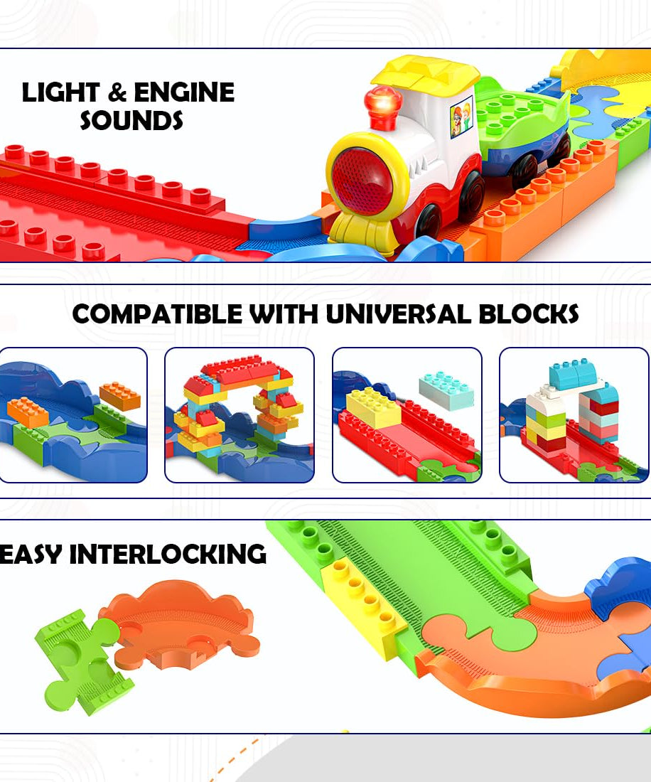 Mirana Block Rider Toy Train Set | 82-Piece with Multiple Journey Modes, Sounds & Announcements | 10+ Track Layouts | Fits Major Brands