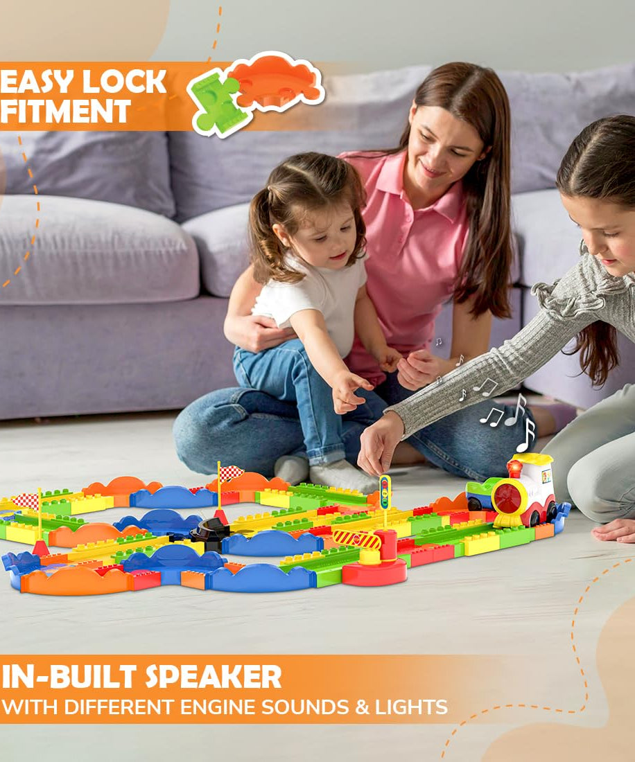 Mirana Block Rider Toy Train Set | 82-Piece with Multiple Journey Modes, Sounds & Announcements | 10+ Track Layouts | Fits Major Brands
