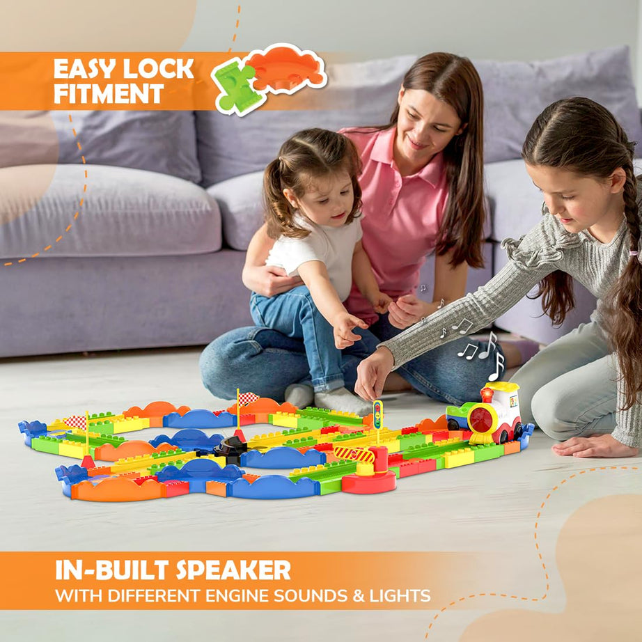 Mirana Block Rider Toy Train Set | 82-Piece with Multiple Journey Modes, Sounds & Announcements | 10+ Track Layouts | Fits Major Brands