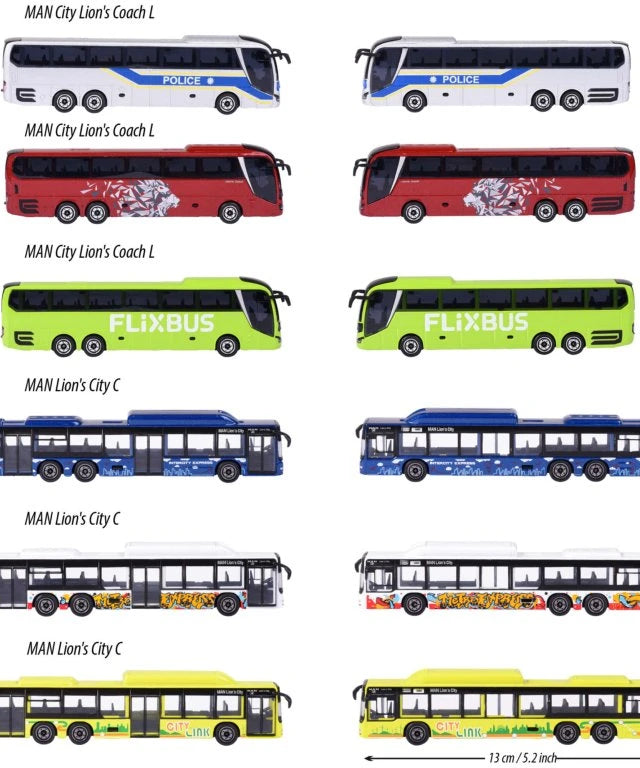 Majorette MAN City Bus Series - Lion’s City C & Lion’s Coach L | Die-Cast Model with Authentic Details | 1:110 Scale | Collector’s Edition | Free-Rolling Wheels - MINIMEE KIDS