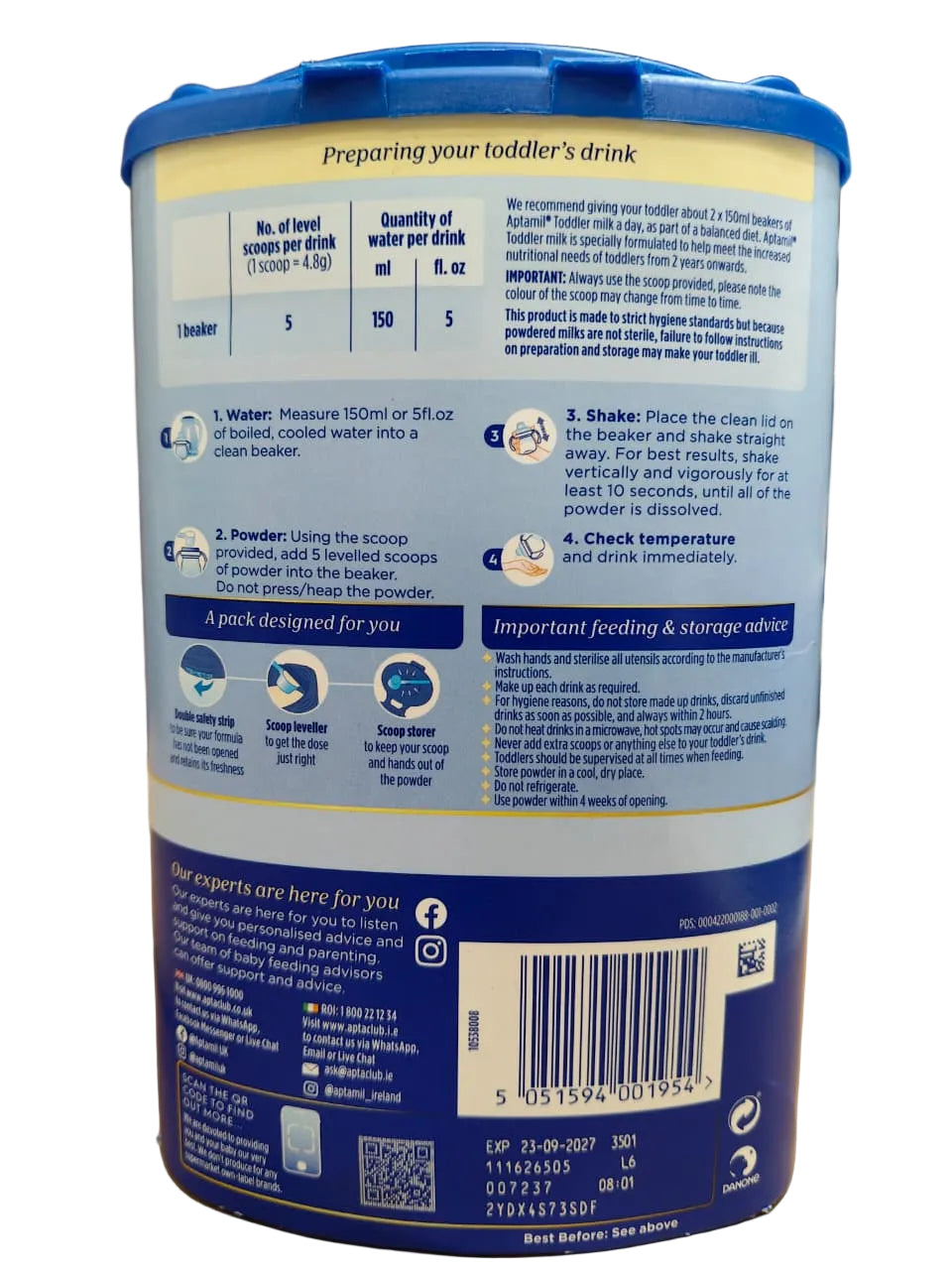 Aptamil Toddler Milk Stage 4 Vanilla Flavour 800g (2–3 Years) | Fortified Milk Drink with Vitamins A, C, D, Iron, Calcium, GOS/FOS Fibre | No Palm Oil | Imported from Ireland