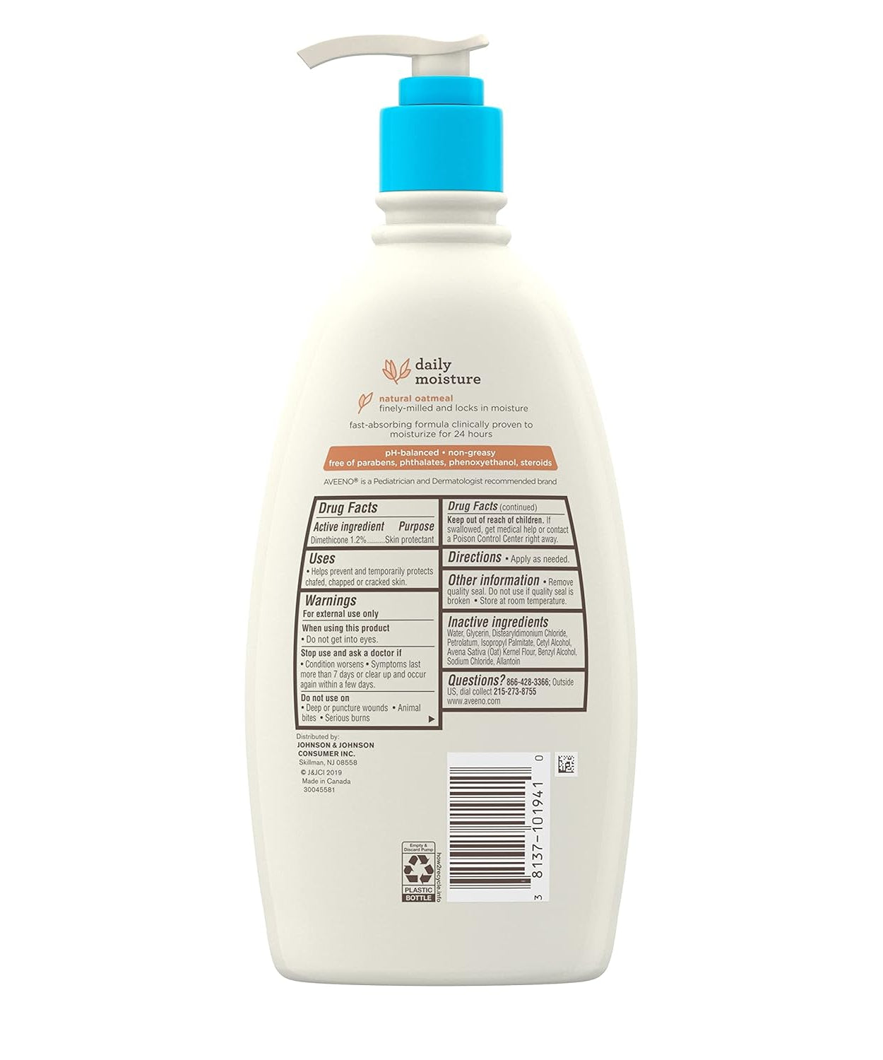 Aveeno Baby Daily Moisture Lotion with Natural Oat Flour (532ml) | 24-Hour Hydration for Newborns & Sensitive Skin | Pediatrician Recommended, Fragrance-Free & Non-Greasy | Made in Canada