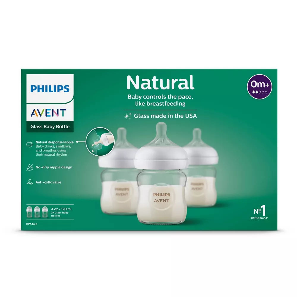 Philips Avent Glass Natural Baby Bottle with Natural Response Nipple, 120ml, 3-Pack | Anti-Colic, BPA-Free, Eco-Friendly, Newborn Feeding Bottle Set with Flow 2 Nipple, Model SCY910/03 - Perfect for 0M+ Infants