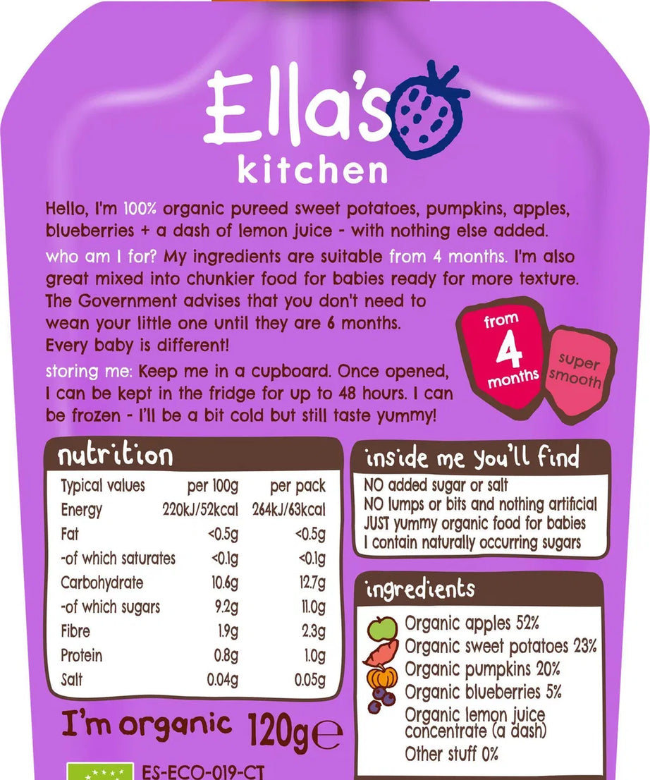 Ella’s Kitchen Sweet Potatoes, Pumpkins, Apples & Blueberries – Organic Super Smooth Puree for Babies 4+ Months – 120g – No Added Sugar, Salt, or Water – Naturally Sweet & Gluten-Free