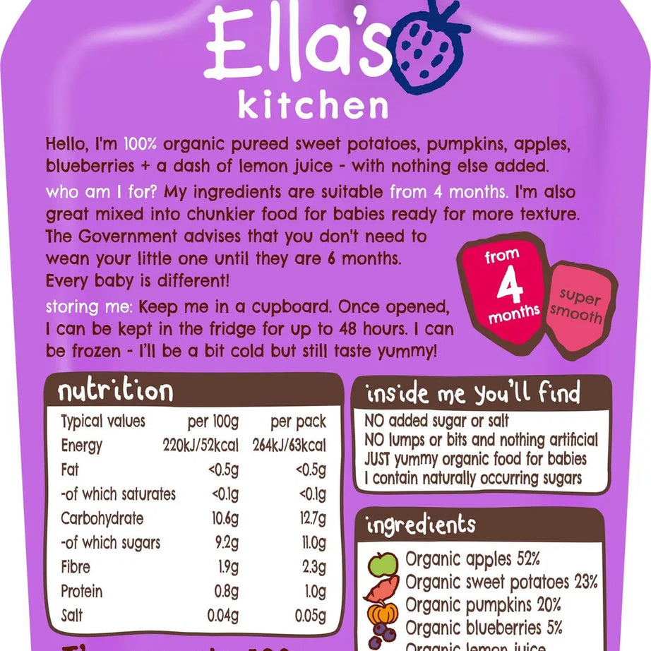 Ella’s Kitchen Sweet Potatoes, Pumpkins, Apples & Blueberries – Organic Super Smooth Puree for Babies 4+ Months – 120g – No Added Sugar, Salt, or Water – Naturally Sweet & Gluten-Free