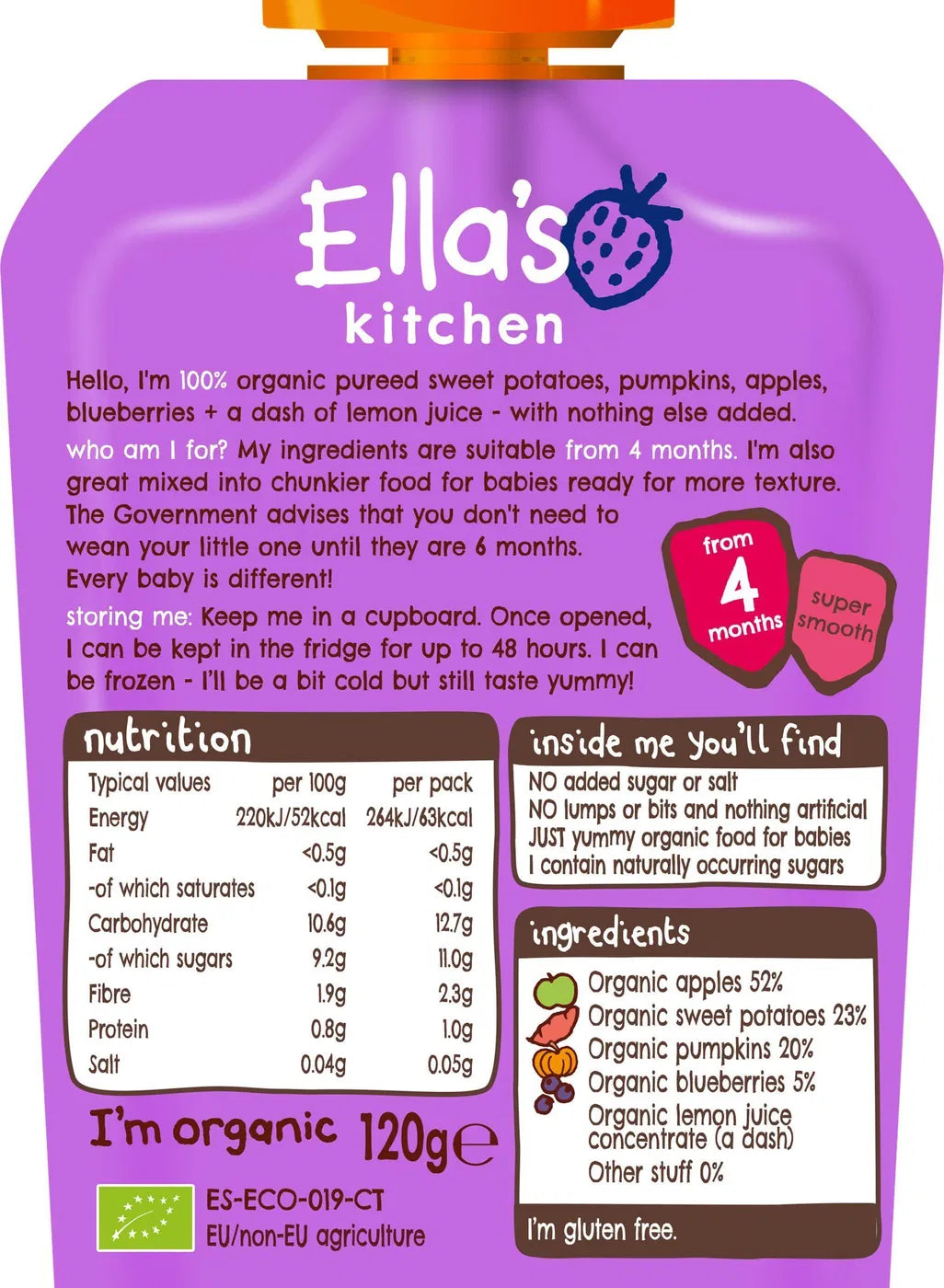 Ella’s Kitchen Sweet Potatoes, Pumpkins, Apples & Blueberries – Organic Super Smooth Puree for Babies 4+ Months – 120g – No Added Sugar, Salt, or Water – Naturally Sweet & Gluten-Free