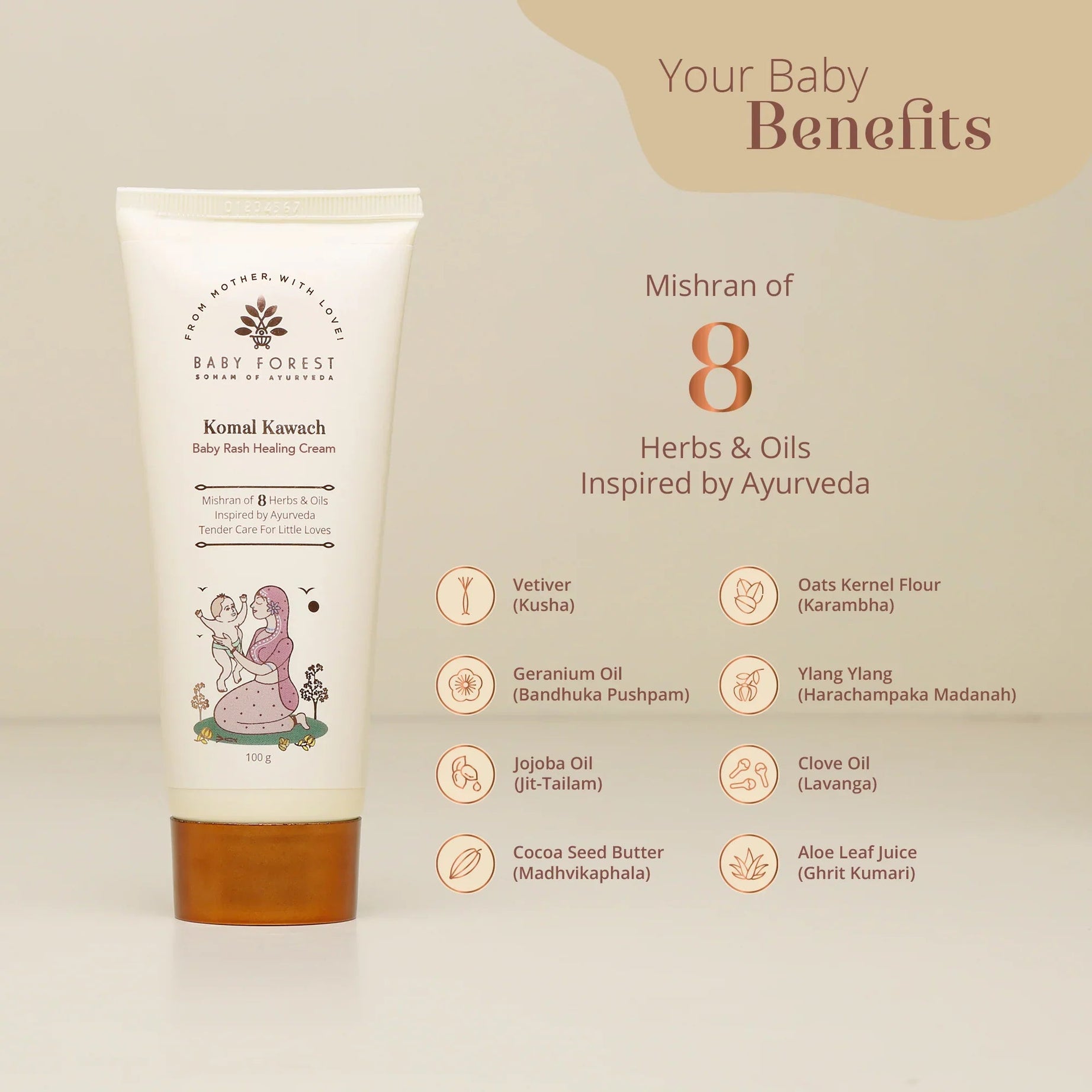 Baby Forest Komal Kawach Rash Healing Cream for Newborns & Infants – 100g | Ayurvedic Diaper Rash Relief with Vetiver, Ylang Ylang & Geranium Oil | Safe for 0+ Months, Sensitive Skin Protection