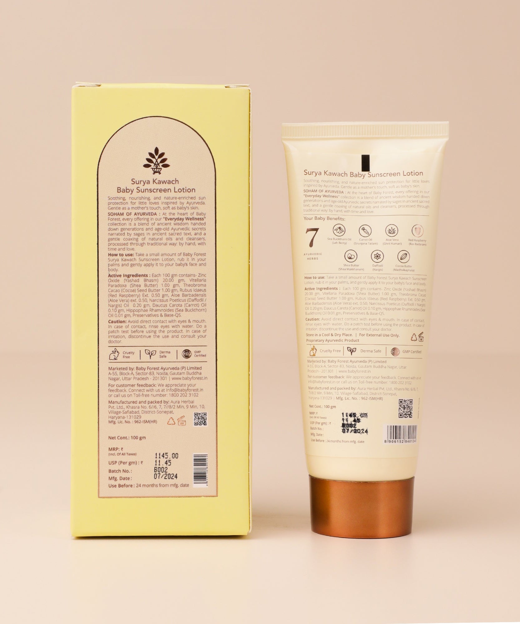 Baby Forest Surya Kawach Ayurvedic SPF 30 Baby Sunscreen Lotion 100g for 1+ Years | Natural UV Protection with Zinc Oxide, Seabuckthorn & Red Raspberry Seed Oil