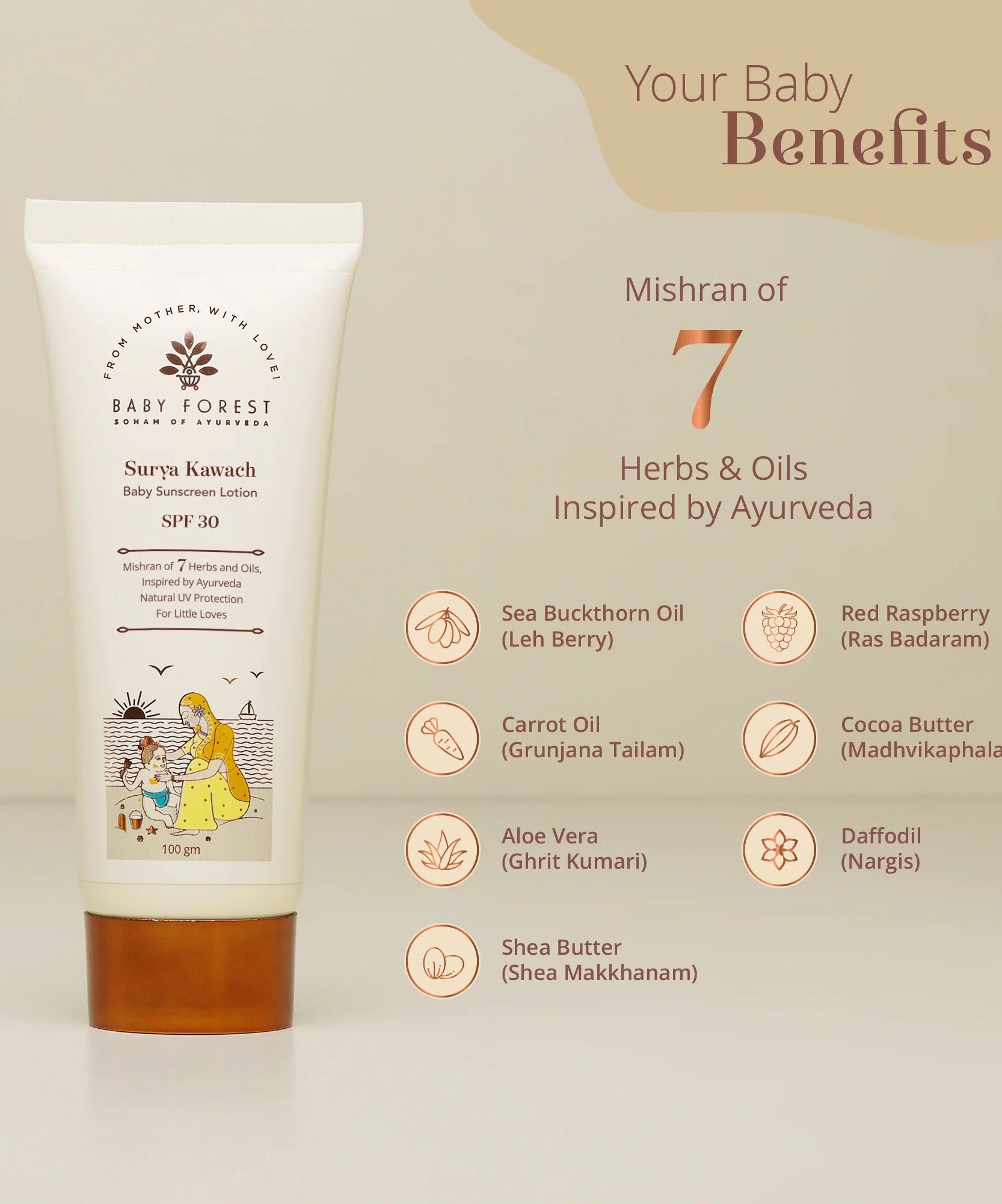 Baby Forest Surya Kawach Ayurvedic SPF 30 Baby Sunscreen Lotion 100g for 1+ Years | Natural UV Protection with Zinc Oxide, Seabuckthorn & Red Raspberry Seed Oil