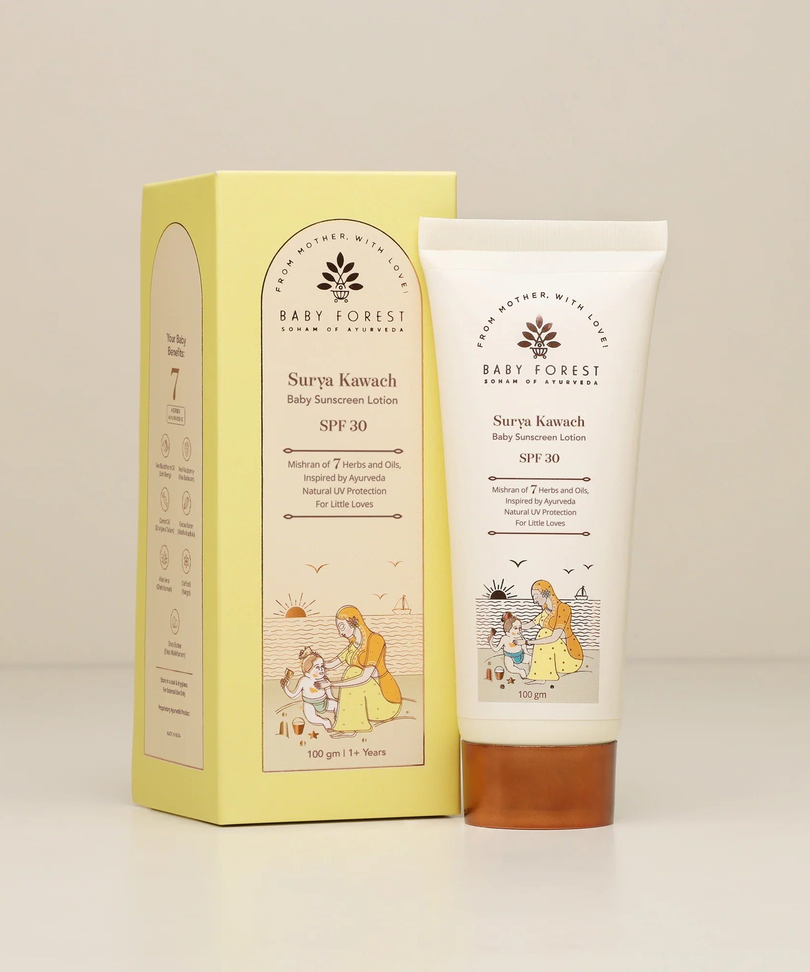 Baby Forest Surya Kawach Ayurvedic SPF 30 Baby Sunscreen Lotion 100g for 1+ Years | Natural UV Protection with Zinc Oxide, Seabuckthorn & Red Raspberry Seed Oil