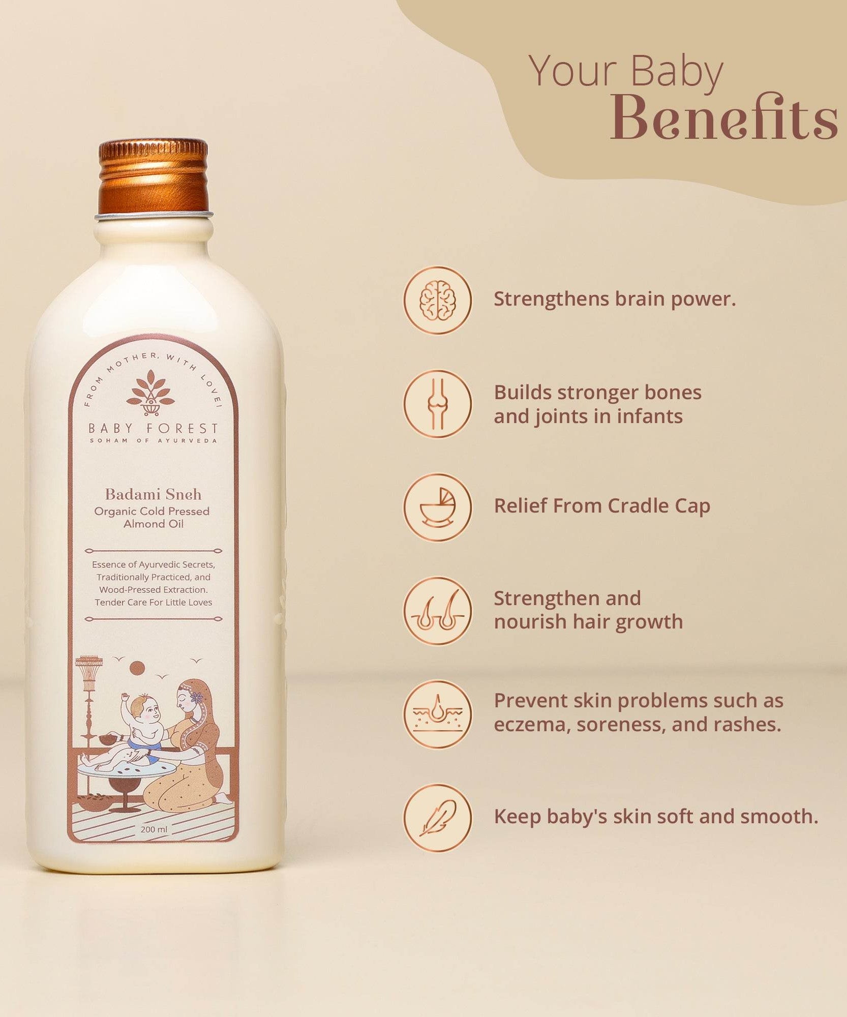 Baby Forest Badami Sneh 100% Pure Organic Cold Pressed Almond Oil for Baby Massage (200ml) – Wood-Pressed Ayurvedic Baby Oil for Strong Bones, Cradle Cap Relief, Hair Growth & Sensitive Skin