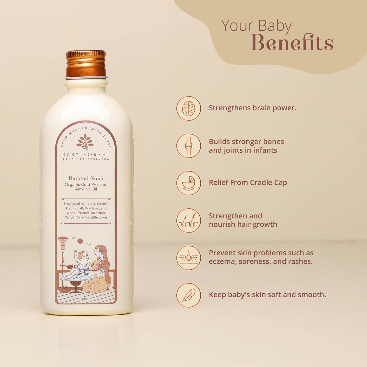 Baby Forest Badami Sneh 100% Pure Organic Cold Pressed Almond Oil for Baby Massage (200ml) – Wood-Pressed Ayurvedic Baby Oil for Strong Bones, Cradle Cap Relief, Hair Growth & Sensitive Skin