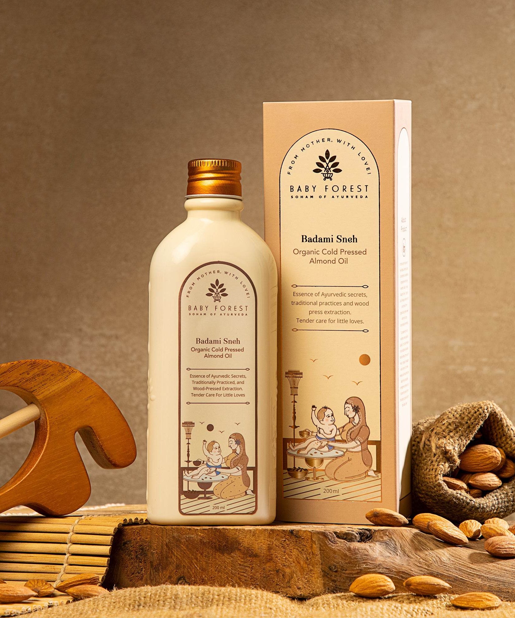 Baby Forest Badami Sneh 100% Pure Organic Cold Pressed Almond Oil for Baby Massage (200ml) – Wood-Pressed Ayurvedic Baby Oil for Strong Bones, Cradle Cap Relief, Hair Growth & Sensitive Skin