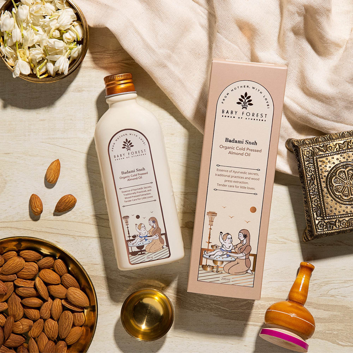 Baby Forest Badami Sneh 100% Pure Organic Cold Pressed Almond Oil for Baby Massage (200ml) – Wood-Pressed Ayurvedic Baby Oil for Strong Bones, Cradle Cap Relief, Hair Growth & Sensitive Skin