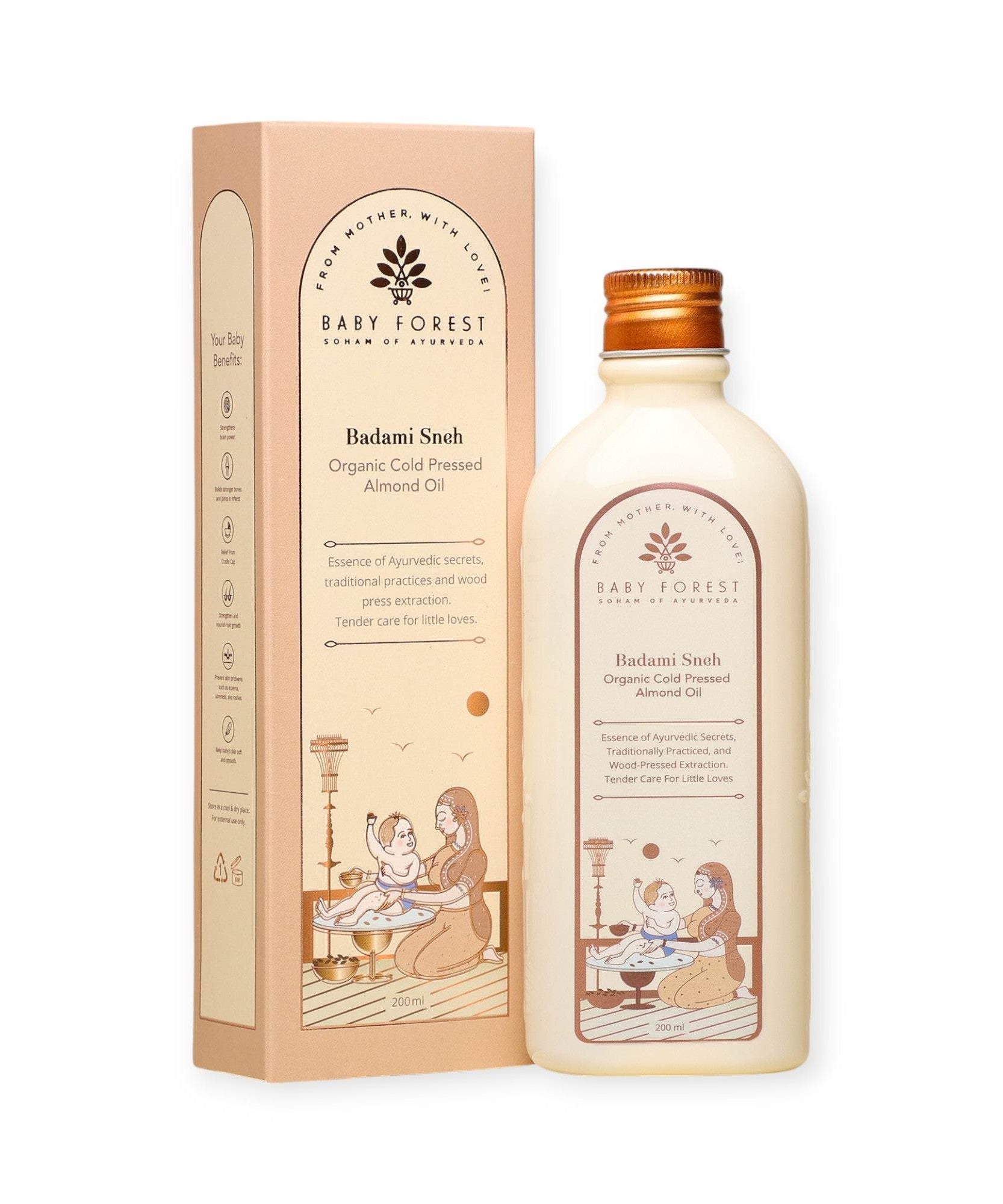 Baby Forest Badami Sneh 100% Pure Organic Cold Pressed Almond Oil for Baby Massage (200ml) – Wood-Pressed Ayurvedic Baby Oil for Strong Bones, Cradle Cap Relief, Hair Growth & Sensitive Skin