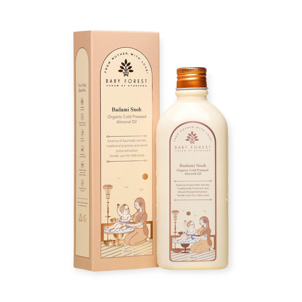 Baby Forest Badami Sneh 100% Pure Organic Cold Pressed Almond Oil for Baby Massage (200ml) – Wood-Pressed Ayurvedic Baby Oil for Strong Bones, Cradle Cap Relief, Hair Growth & Sensitive Skin