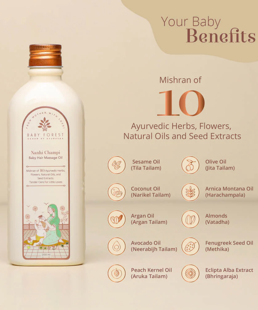 Baby Forest Nanhi Champi Ayurvedic Baby Hair Massage Oil (200ml) – Blend of 10 Natural Herbs, Bhringraj, Almond & Sesame Oils for Stronger Roots, Cradle Cap Relief & Healthy Hair Growth
