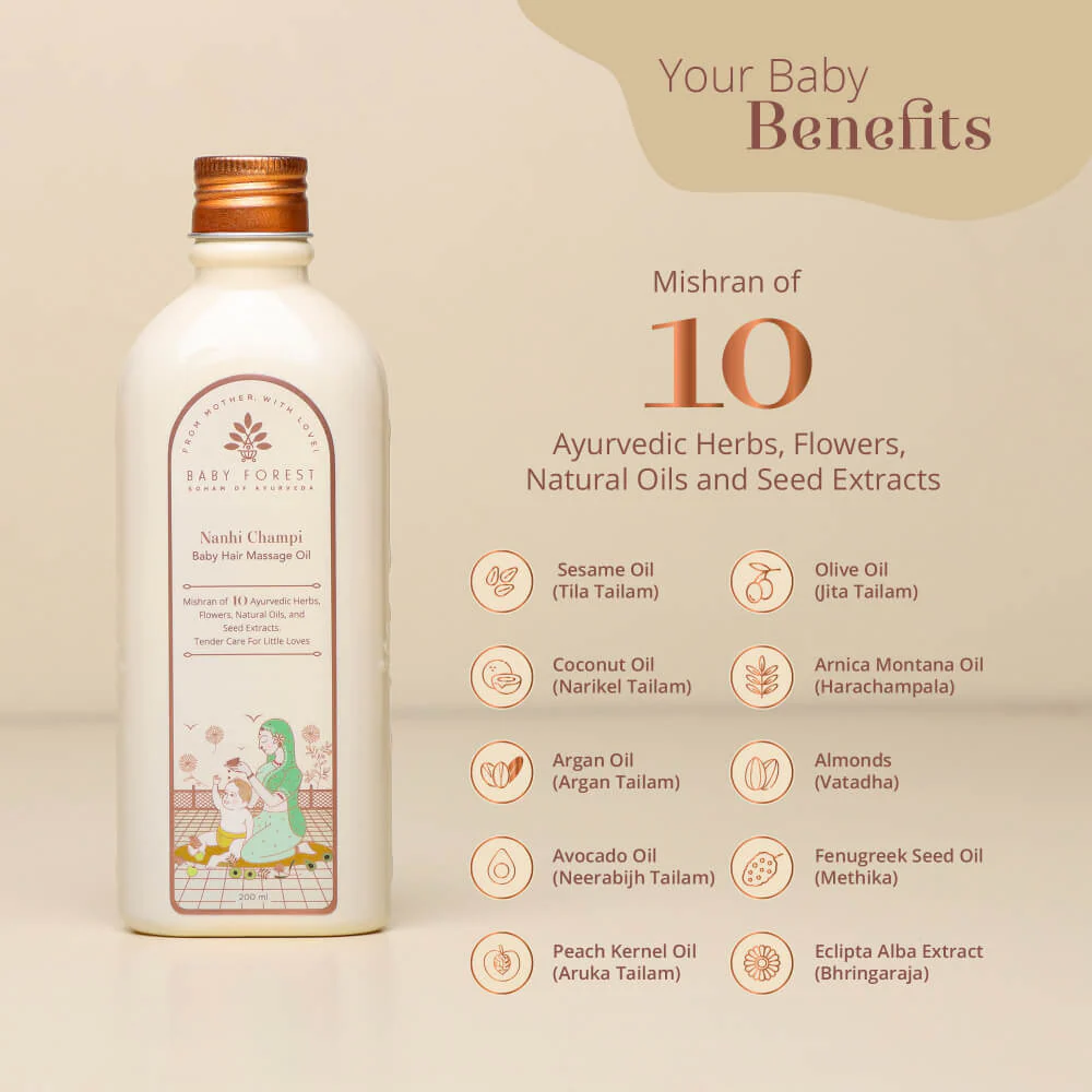 Baby Forest Nanhi Champi Ayurvedic Baby Hair Massage Oil (200ml) – Blend of 10 Natural Herbs, Bhringraj, Almond & Sesame Oils for Stronger Roots, Cradle Cap Relief & Healthy Hair Growth
