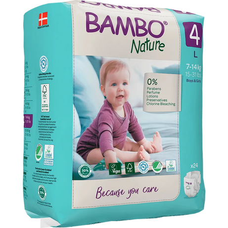 Bambo Nature Tape Style Diapers 4 - L 7-14 kg (Pack of 24) | Skin-Friendly & Eco-Friendly Baby Diapers