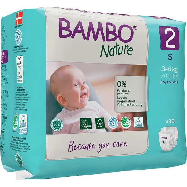 Bambo Nature Diapers Size 2 - Small (3-6 kg, Pack of 30) | Skin-Friendly & Eco-Friendly Diapers for Boys and Girls - MINIMEE KIDS