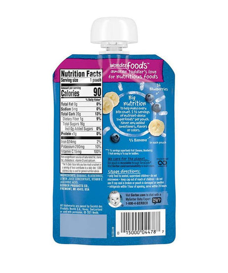 Gerber Natural Puree for Toddler Wonderfoods Banana Blueberry - 99g | Healthy Snack for 12+ Months