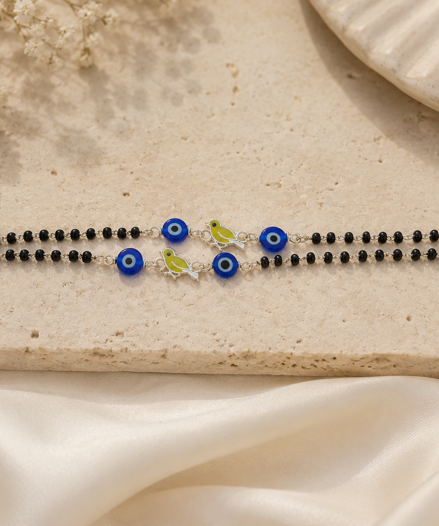 Protective Evil Eye & Bird Enamel Nazariya - 925 Sterling Silver Kids' Bracelet (Pair)