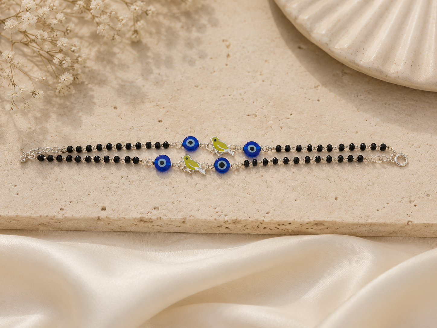 Protective Evil Eye & Bird Enamel Nazariya - 925 Sterling Silver Kids' Bracelet (Pair)