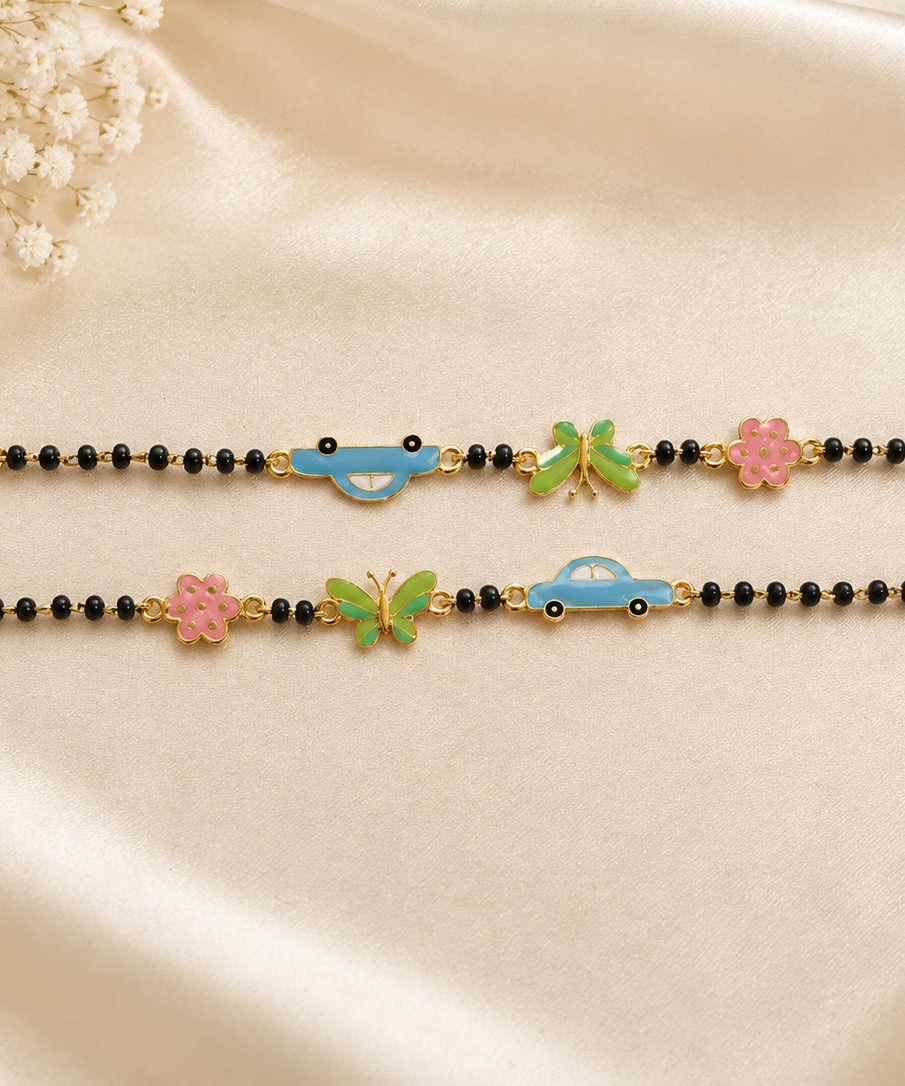 Playful Enamel Nazariya Bracelet for Kids - Gold Plated 925 Sterling Silver with Butterfly, Car & Flower Charms