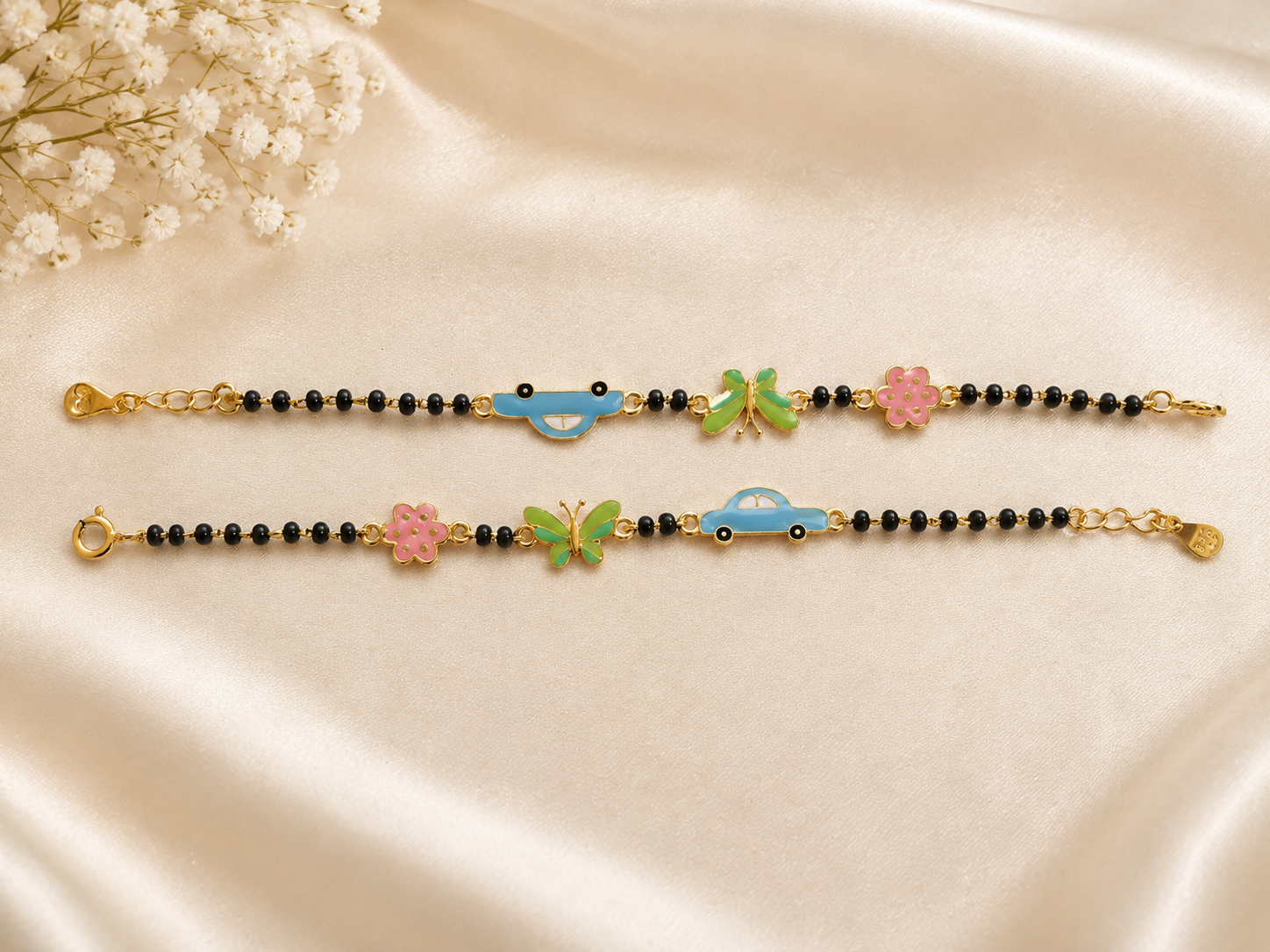 Playful Enamel Nazariya Bracelet for Kids - Gold Plated 925 Sterling Silver with Butterfly, Car & Flower Charms