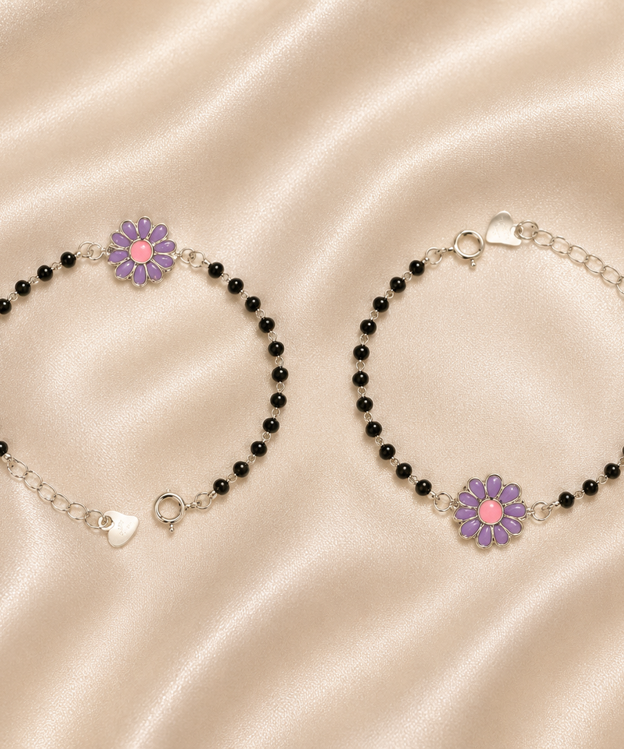 Purple Blossom Daisy Enamel Nazariya - 925 Sterling Silver Protective Flower Bracelet for Kids