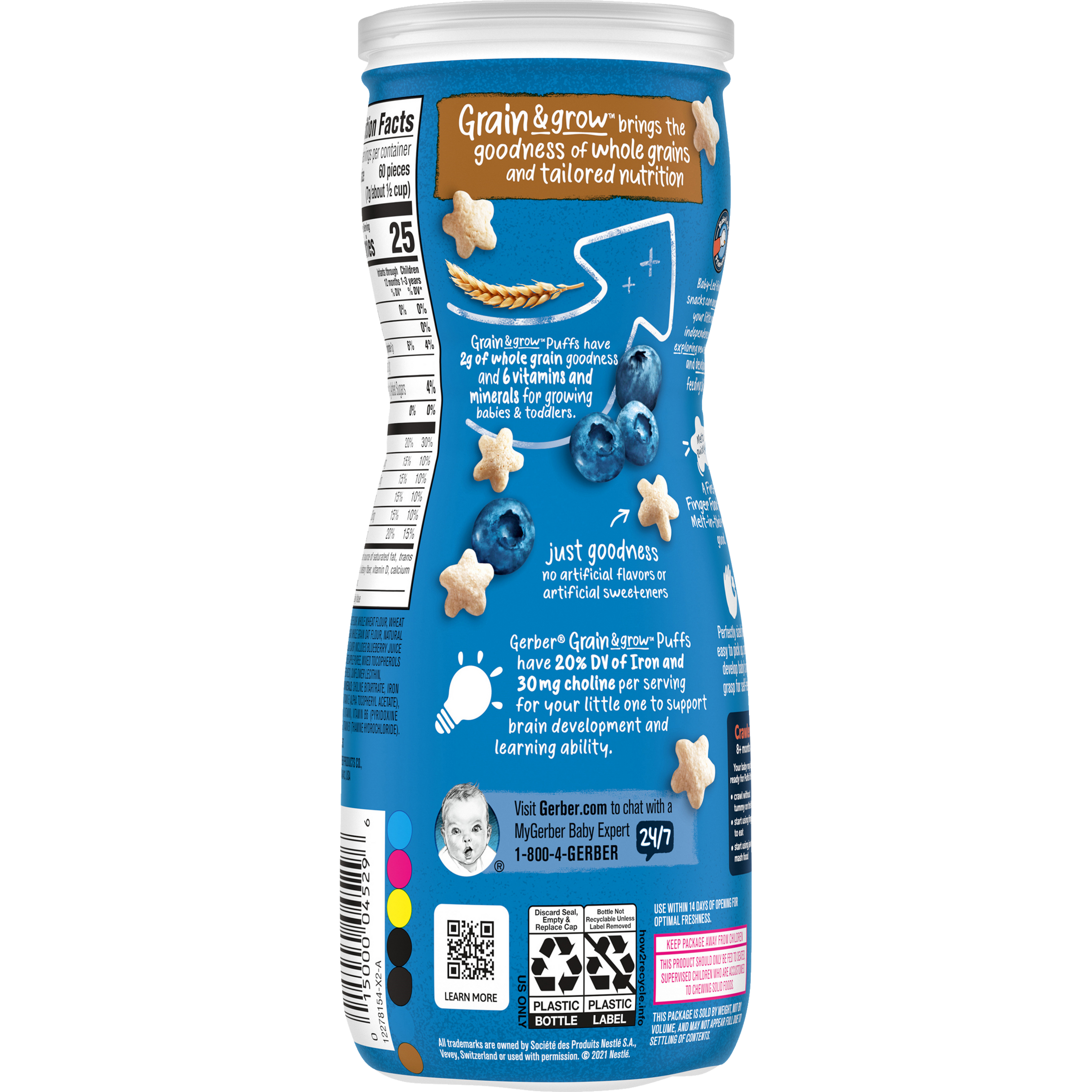 Gerber Grain & Grow Blueberry Puffs – Whole Grain Baby Snack with Iron, Vitamin E & Zinc – No Artificial Flavors – 8+ Months – 42g (1.48 oz)