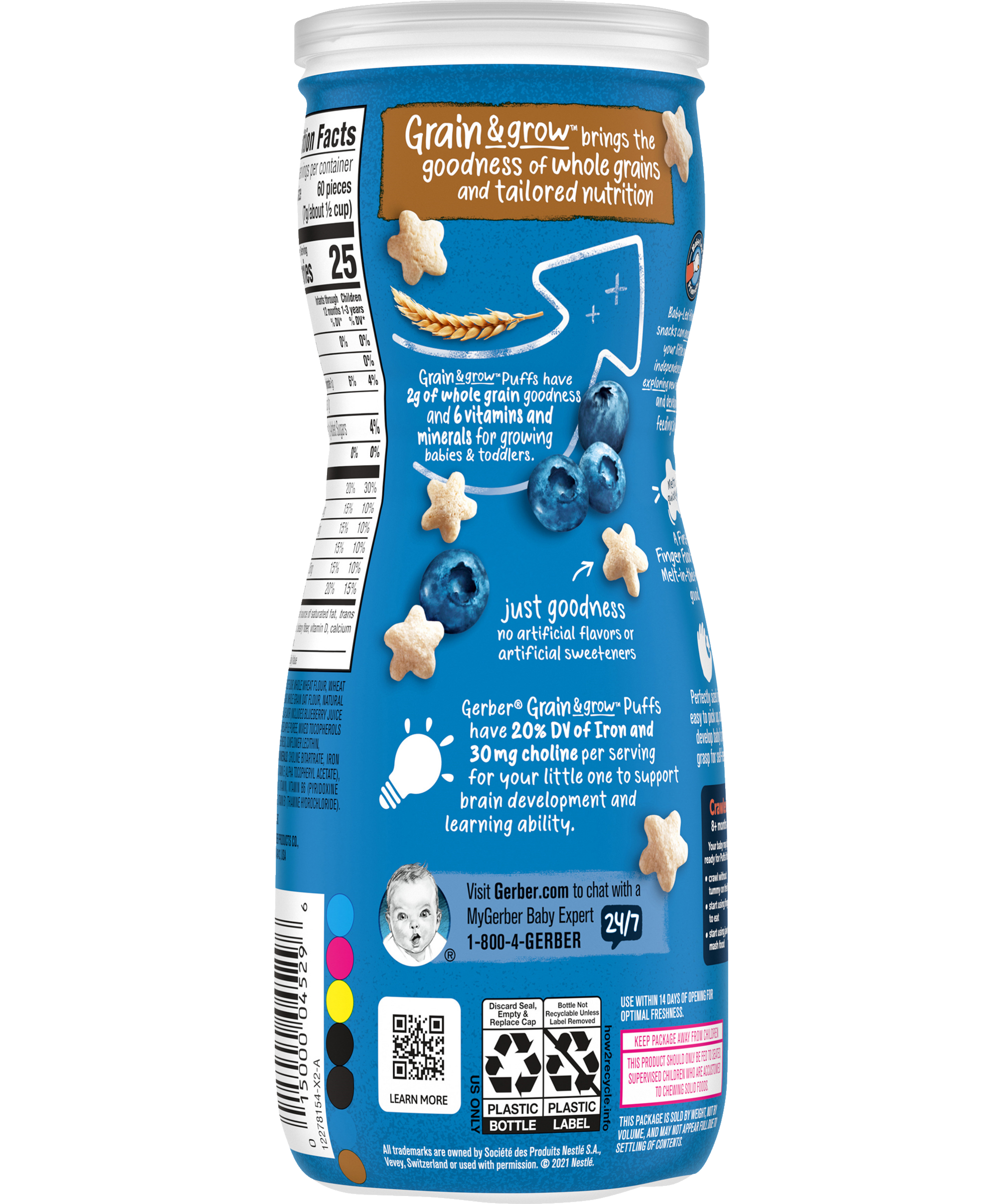Gerber Grain & Grow Blueberry Puffs – Whole Grain Baby Snack with Iron, Vitamin E & Zinc – No Artificial Flavors – 8+ Months – 42g (1.48 oz) - MINIMEE KIDS