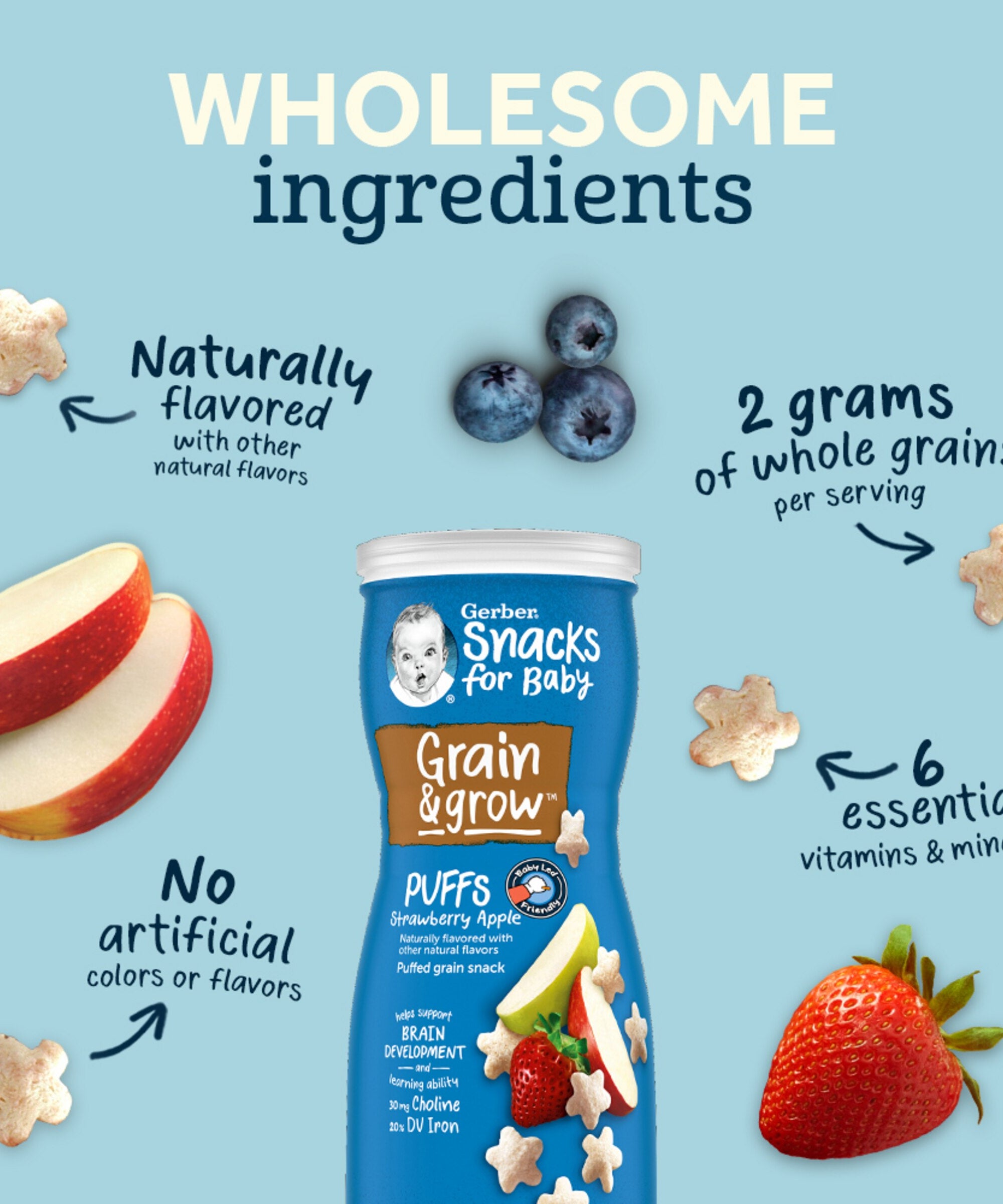 Gerber Grain & Grow Blueberry Puffs – Whole Grain Baby Snack with Iron, Vitamin E & Zinc – No Artificial Flavors – 8+ Months – 42g (1.48 oz) - MINIMEE KIDS