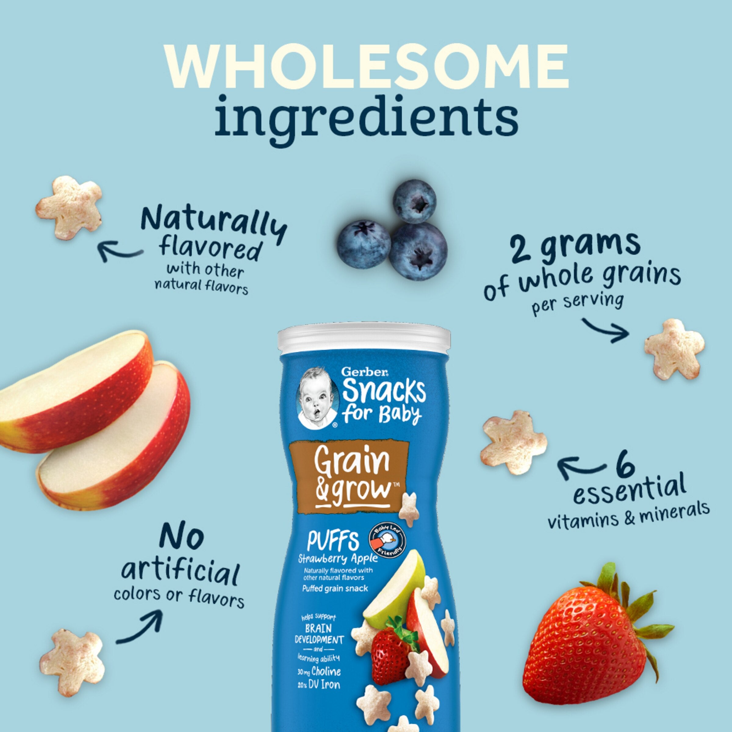 Gerber Grain & Grow Peach Puffs – Whole Grain Baby Snack with Iron, Vitamin E & Essential Nutrients – No Artificial Flavors – 8+ Months – 42g (1.48 oz)