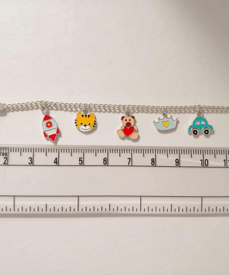 Multi-Charm 925 Silver Baby Bracelet | Rocket, Tiger, Teddy, Crown & Car Enamel Charms | Hallmarked Sterling Silver | Adjustable Fit