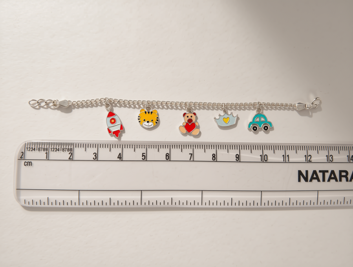Multi-Charm 925 Silver Baby Bracelet | Rocket, Tiger, Teddy, Crown & Car Enamel Charms | Hallmarked Sterling Silver | Adjustable Fit