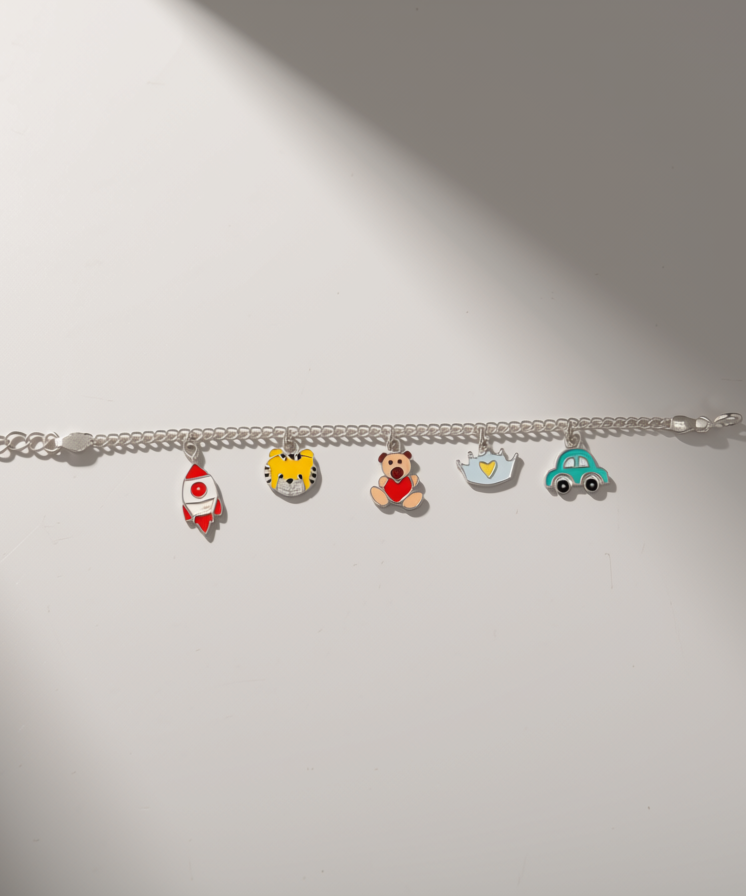 Multi-Charm 925 Silver Baby Bracelet | Rocket, Tiger, Teddy, Crown & Car Enamel Charms | Hallmarked Sterling Silver | Adjustable Fit