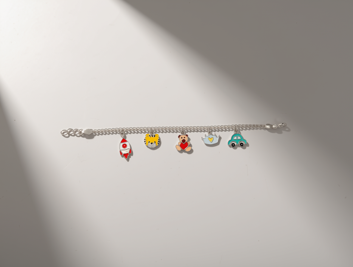 Multi-Charm 925 Silver Baby Bracelet | Rocket, Tiger, Teddy, Crown & Car Enamel Charms | Hallmarked Sterling Silver | Adjustable Fit