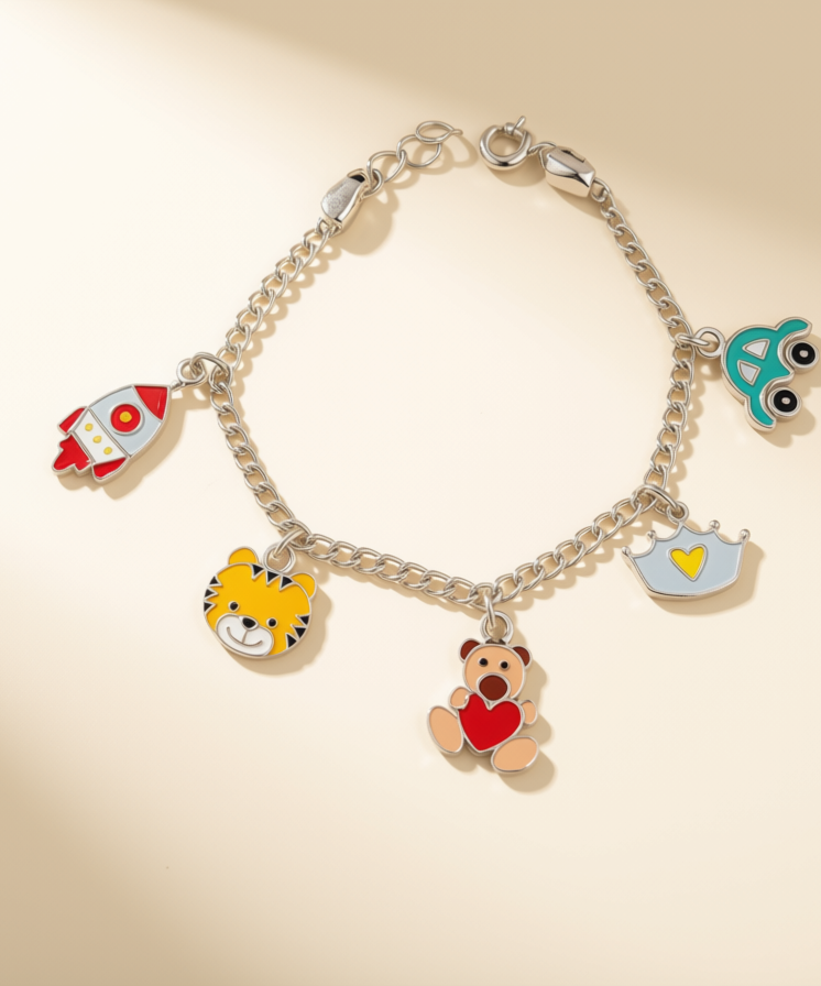 Multi-Charm 925 Silver Baby Bracelet | Rocket, Tiger, Teddy, Crown & Car Enamel Charms | Hallmarked Sterling Silver | Adjustable Fit