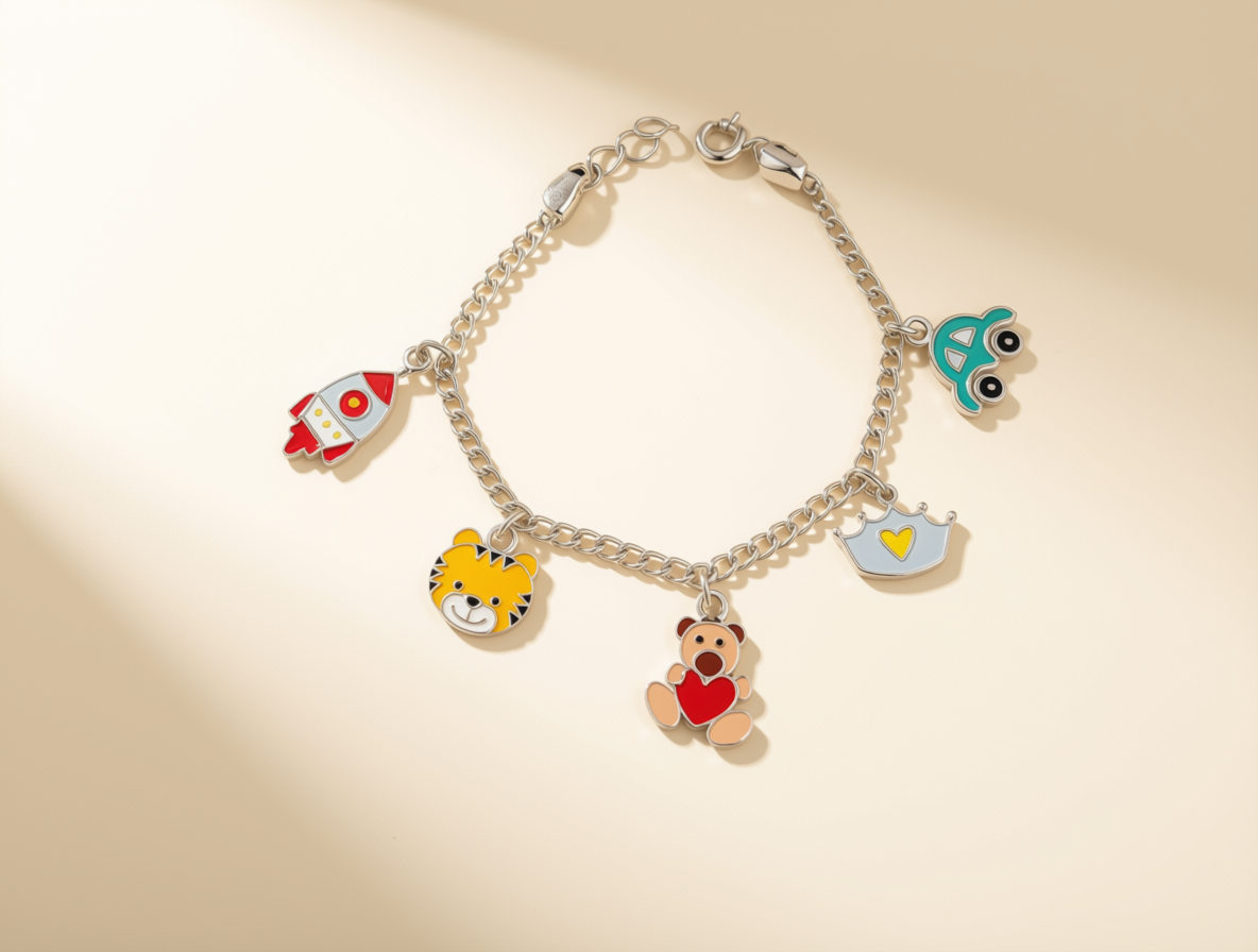 Multi-Charm 925 Silver Baby Bracelet | Rocket, Tiger, Teddy, Crown & Car Enamel Charms | Hallmarked Sterling Silver | Adjustable Fit