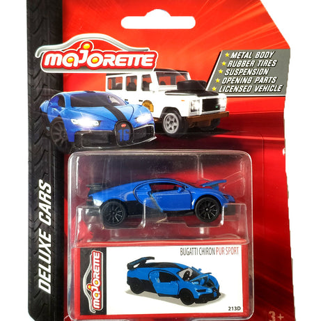 Majorette Deluxe Cars: Bugatti Chiron PUR Sport | 1:64 Scale Officially Licensed Die-Cast Model with Collector's Box | Red or Blue Variant