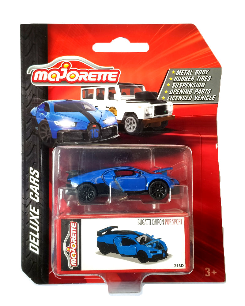 Majorette Deluxe Cars: Bugatti Chiron PUR Sport | 1:64 Scale Officially Licensed Die-Cast Model with Collector's Box | Red or Blue Variant