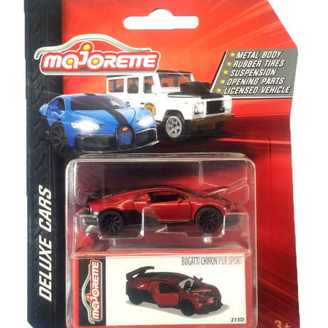Majorette Deluxe Cars: Bugatti Chiron PUR Sport | 1:64 Scale Officially Licensed Die-Cast Model with Collector's Box | Red or Blue Variant