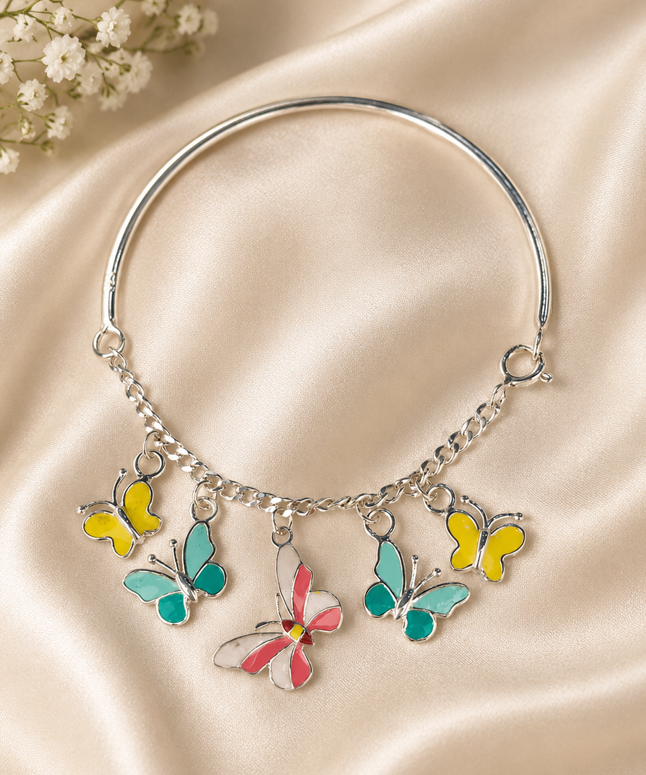 Fluttering Butterflies Enamel Charm Kada - 925 Sterling Silver Adjustable Bangle for Kids