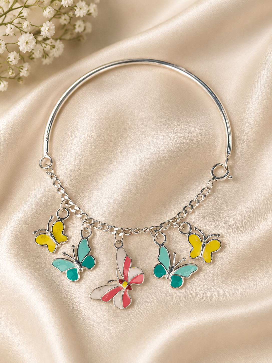 Fluttering Butterflies Enamel Charm Kada - 925 Sterling Silver Adjustable Bangle for Kids