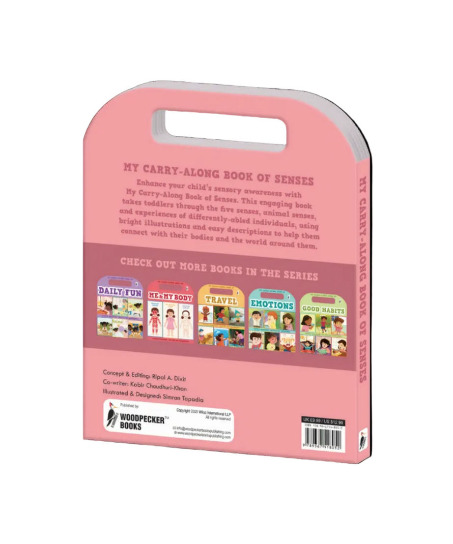 My Carry-Along Book of Senses – Interactive Toddler Board Book with Built-In Handle for Sensory Awareness, Five Senses Early Learning, and On-The-Go Discovery