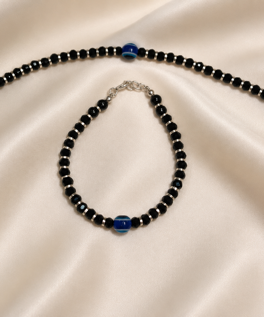 Classic Blue Evil Eye Silver 925 Baby Nazariya | Protective Black Bead Bracelets for Infants | Set of 2
