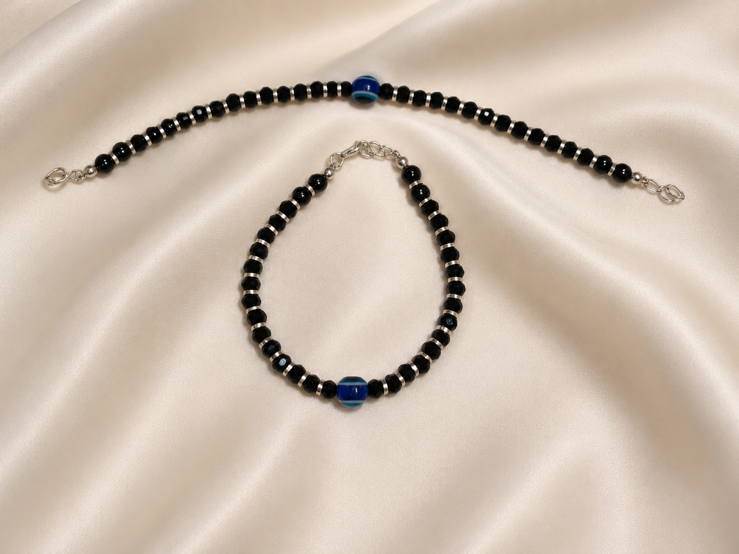 Classic Blue Evil Eye Silver 925 Baby Nazariya | Protective Black Bead Bracelets for Infants | Set of 2