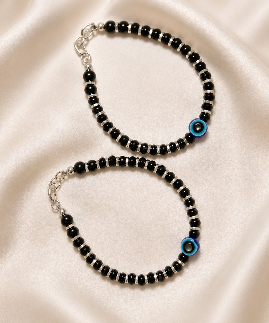 Classic Blue Evil Eye Silver 925 Baby Nazariya | Protective Black Bead Bracelets for Infants | Set of 2